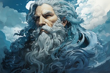 Neptune or Poseidon, God of the seas. Close-up portrait. Colorful illustration.