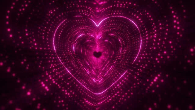 Festive fairy tale animation for greetings in the form of a heart made of pink particles and glowing lines. Creative colorful romantic background for valentine's day.