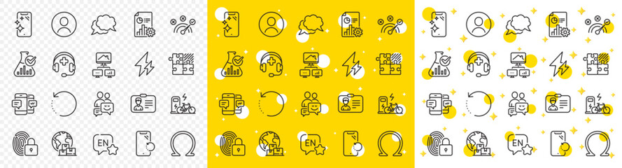 Outline Smartphone recovery, Medical support and Identification card line icons pack for web with Electric bike, Correct answer, Electricity line icon. Smartphone clean, Communication. Vector