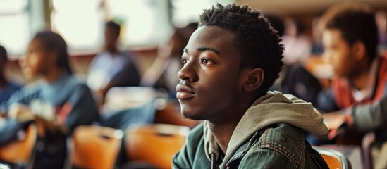 African American college student in diverse classroom. - obrazy, fototapety, plakaty