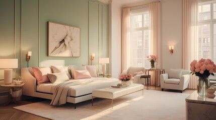 Fototapeta na wymiar A serene bedroom boasting a plush, cream-colored bedspread against a backdrop of soft, mint-green walls and accents of blush pink, creating a soothing and elegant space.