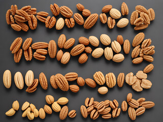 Pattern of various nuts on beige. Healthy eating concept. Pecan, almonds, hazelnuts, pistachios, cashews. Top view, flat lay