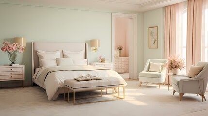 A serene bedroom boasting a plush, cream-colored bedspread against a backdrop of soft, mint-green walls and accents of blush pink, creating a soothing and elegant space.