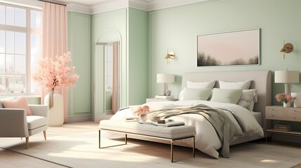 A serene bedroom boasting a plush, cream-colored bedspread against a backdrop of soft, mint-green walls and accents of blush pink, creating a soothing and elegant space.