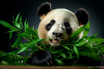 Panda is eating a bamboo plant on a dark background. Cute bamboo bear, close-up portrait on studio backdrop.
