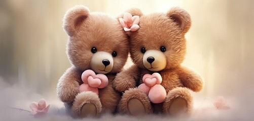 Craft an adorable image featuring realistic teddy bears cuddling with hearts, creating a heartwarming and charming scene that can be a perfect addition to romantic and sentimental designs.