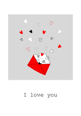 letter with hearts, an envelope with hearts, an open envelope from which hearts fly out