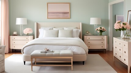 A serene bedroom boasting a plush, cream-colored bedspread against a backdrop of soft, mint-green walls and accents of blush pink, creating a soothing and elegant space.