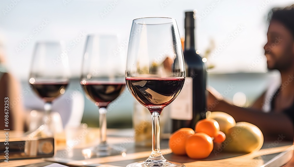 Wall mural happy friends drinking red wine sitting at winery restaurant balcony ,group of people having bbq din