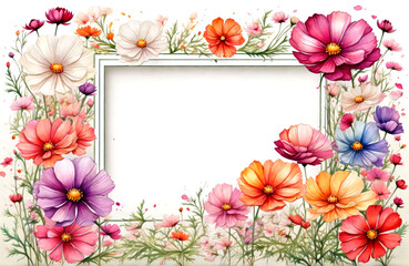Watercolor cosmos flowers frame illustration on white background. Generative ai