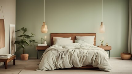A serene bedroom boasting a simple, ivory-colored bedspread against a backdrop of soft, sage-green walls and natural wood accents, exuding a serene and earthy vibe. - obrazy, fototapety, plakaty