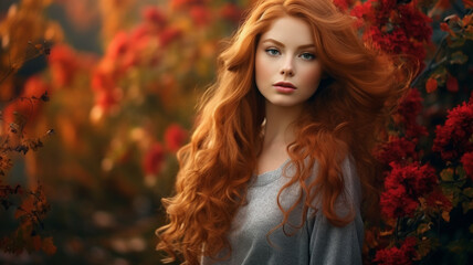 Obraz na płótnie Canvas beautiful redhead girl with curly red hair and a wreath of autumn leaves on a background of trees