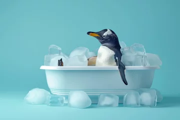 Poster Penguin lies in a bath filled with ice cubes, the concept of cooling and refreshment in hot weather. © paffy