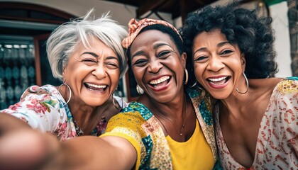 Three senior women taking selfie photo with smart mobile phone device outside , Happy aged people having fun together walking on city street , Life style concept with mature females hanging out - Powered by Adobe