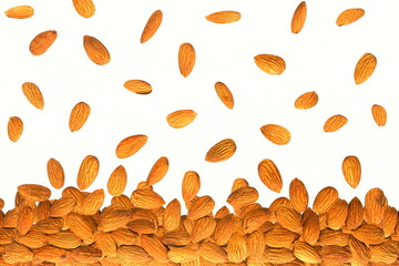 organic whole almond dry fruit nut flying isolated on white background
