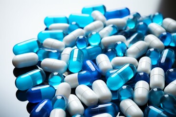 Antibiotic visuals Blue white capsules on white, healthcare and drug resistance