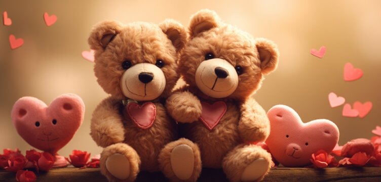Create a heartwarming scene with teddy bears holding hearts in a realistic manner, capturing the innocence and sweetness of these cuddly toys in an HD image suitable for various design needs.