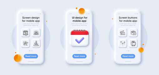 Euro rate, Parcel insurance and Swipe up line icons pack. 3d phone mockups with calendar. Glass smartphone screen. Gift, Business podium, Fireworks rocket web icon. Vector