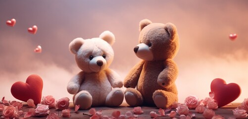 Create a visually appealing composition with teddy bears holding hearts, featuring realistic details and expressions, conveying a sense of love and tenderness - obrazy, fototapety, plakaty