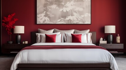 A serene bedroom featuring a crimson accent wall behind a neatly made bed adorned with crimson throw pillows, exuding modern elegance.