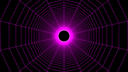 Digital purple tunnel or wormhole. Abstract wireframe mesh with hole. 3D tunnel grid mesh. Retro warp tunnel background
