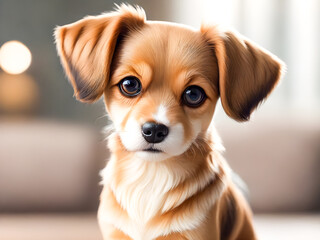 Portrait of cute little dog with blue eyes, looking at camera