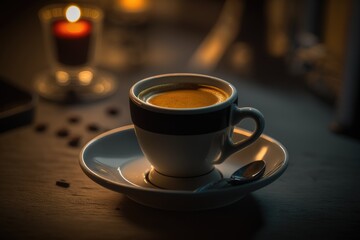 Fototapeta premium A cup of coffee is on a table. Beautiful mug and saucer.