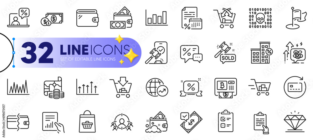 Poster outline set of document, world statistics and cross sell line icons for web with milestone, renew ca
