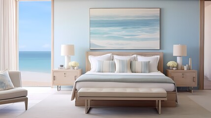 A serene bedroom featuring a minimalist, linen-colored bedspread against a backdrop of soothing, ocean-blue walls and accents of sandy beige, exuding coastal tranquility.