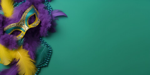Bright stylish mask, beads and feathers, mardi gras background