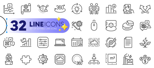 Outline set of Nurse, Medical mask and Stress line icons for web with Cloud computing, Growth chart, Pie chart thin icon. Electricity factory, Management, 360 degrees pictogram icon. Vector
