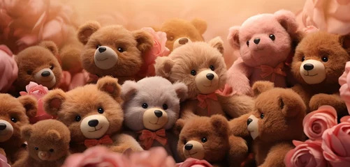 Fototapeten Design an adorable HD image capturing teddy bears with hearts, each bear displaying lifelike textures and expressions, creating a sentimentally charming scene suitable for various design applications. © Teddy Bear