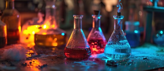 Chemical experiment using Bunsen burner and colored lights. - obrazy, fototapety, plakaty