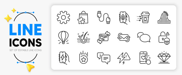 Roller coaster, Loyalty points and Cyber attack line icons set for app include Diamond, Messenger, Ecology app outline thin icon. Charging cable, Heart rating, Lightning bolt pictogram icon. Vector