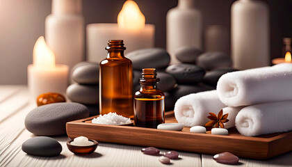 Obraz na płótnie Canvas Beauty treatment items for spa procedures on white wooden table. massage stones, essential oils, sea salt, candles.