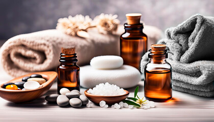 Fototapeta na wymiar Beauty treatment items for spa procedures on white wooden table. massage stones, essential oils, sea salt, candles.