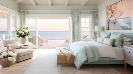 A serene bedroom featuring a soft, seafoam-green bedspread against a backdrop of creamy, vanilla-colored walls and accents of coral pink, emanating coastal serenity.