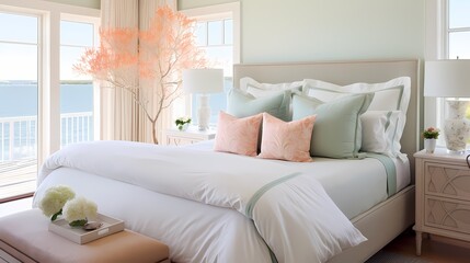 A serene bedroom featuring a soft, seafoam-green bedspread against a backdrop of creamy, vanilla-colored walls and accents of coral pink, emanating coastal serenity. - obrazy, fototapety, plakaty
