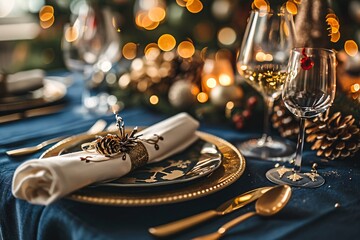 Fototapeta na wymiar A table set for Christmas dinner with a glass of wine.