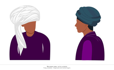 Vibrant Vector Illustration of a Stylish Man Wearing a Turban Celebrating Traditional Attire and Global Identity. Indian culture. Asian and African clothing. illustration of a person in a cap