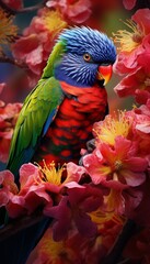 A rainbow lorikeet sipping nectar from a vividly colored blossom, a moment frozen in time.