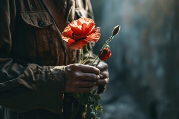 A person holding a bouquet of red flowers.