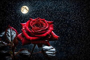A wet red rose glistening under the moonlight, casting a mesmerizing glow 