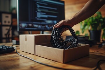 A person holding a box of cords in front of a computer. - obrazy, fototapety, plakaty