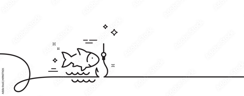 Poster fishing line icon. continuous one line with curl. fish and hook sign. catch seafood symbol. fishing 