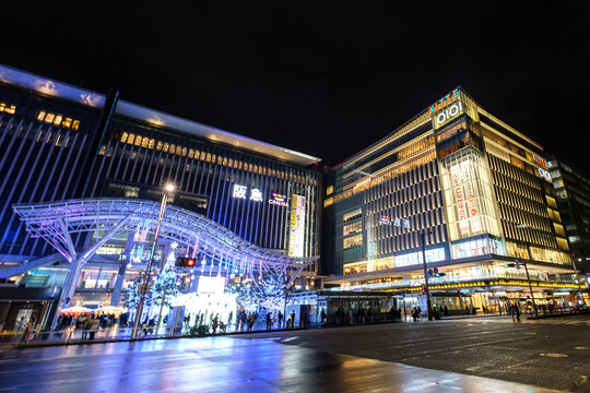 FUKUOKA, JAPAN - DEC 14, 2023: Hankyu Department Store and KITTE Shopping Mall at JR Hakata Station with Christmas illumination.