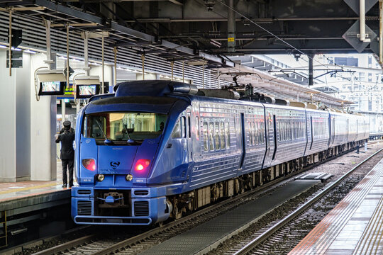 FUKUOKA, JAPAN - DEC 14, 2023: JR Kyushu 883 Series "Sonic" Limited Express train at Hakata Station platform