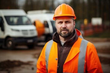A construction site manager in a protective vest and hard hat, reflecting on the construction site. Portrait of a satisfied mixed-race manual laborer or architect.