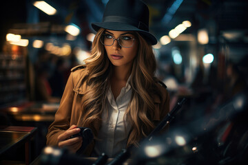 The detective is conducting surveillance.