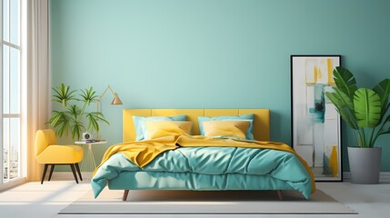 A serene bedroom with a minimalist bed frame, adorned with vibrant turquoise bedding against a backdrop of soft lemon walls and a sunlit window.